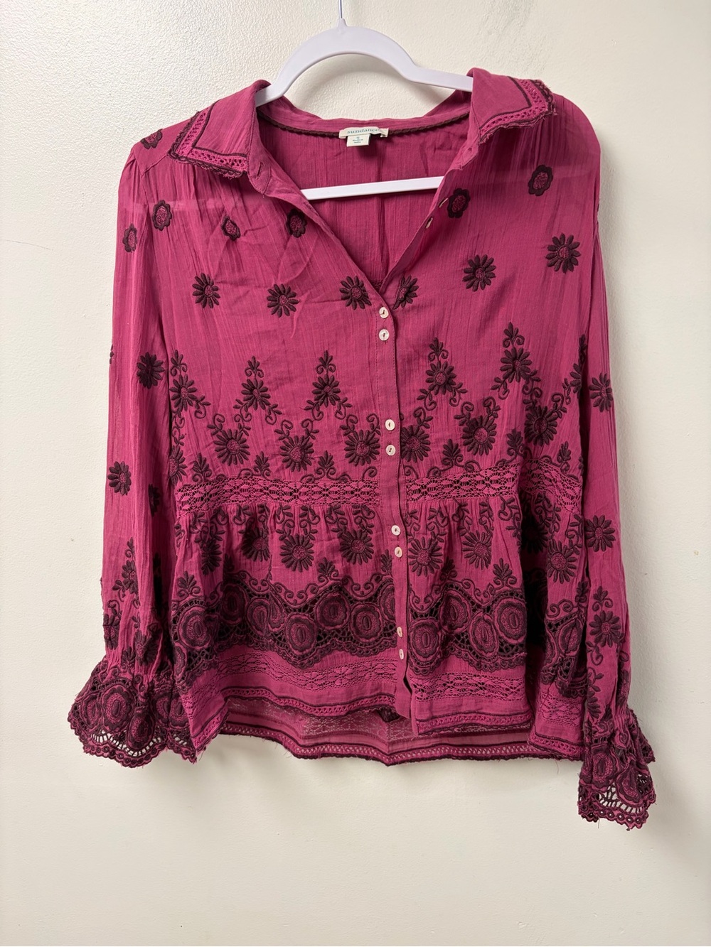 Sundance Button Down Embroidery Blouse Pink Maroon Size Small